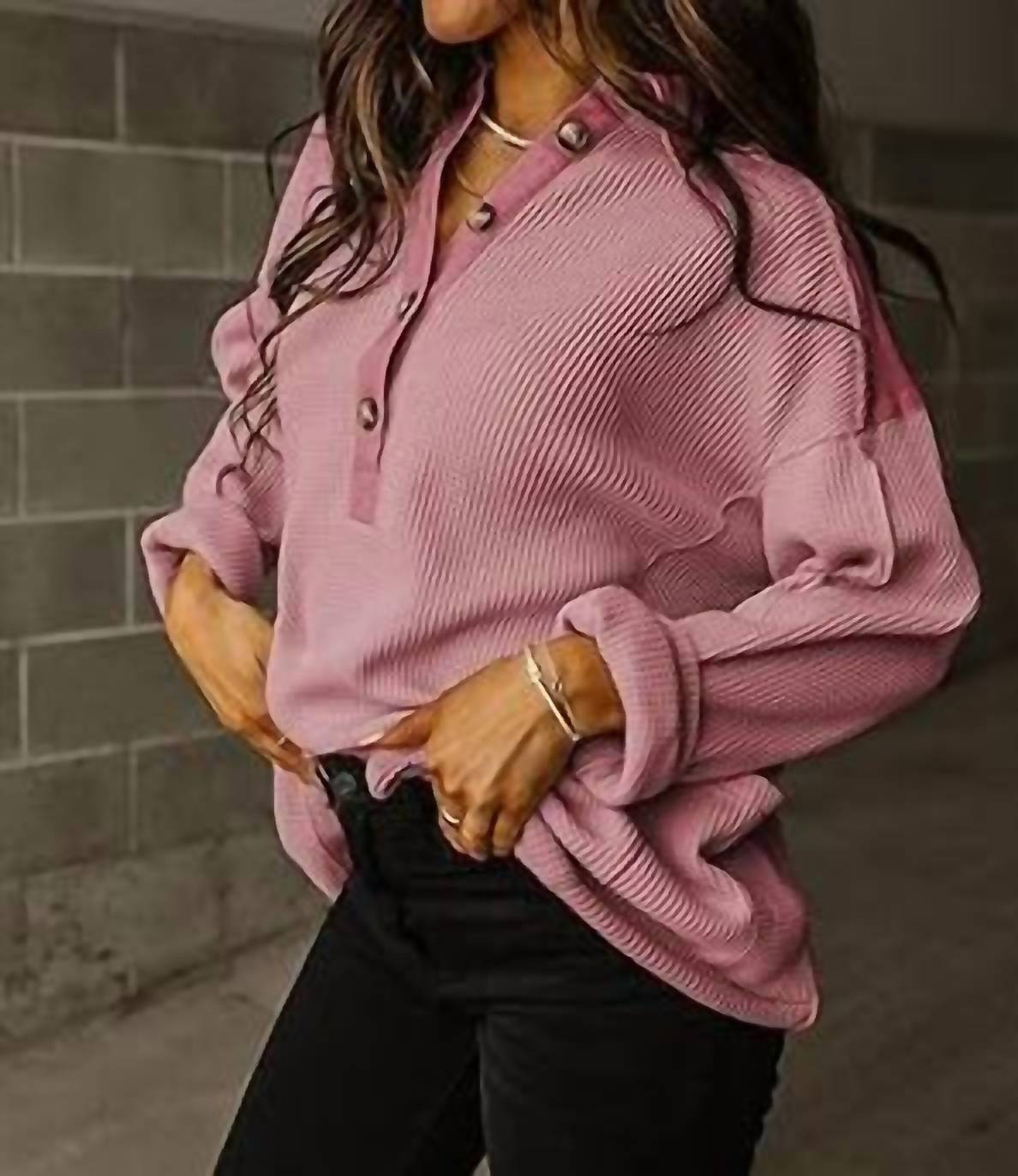 Shop Lala Loo - Waffle Long Sleeve Henley Top - clothing - pink - polyester