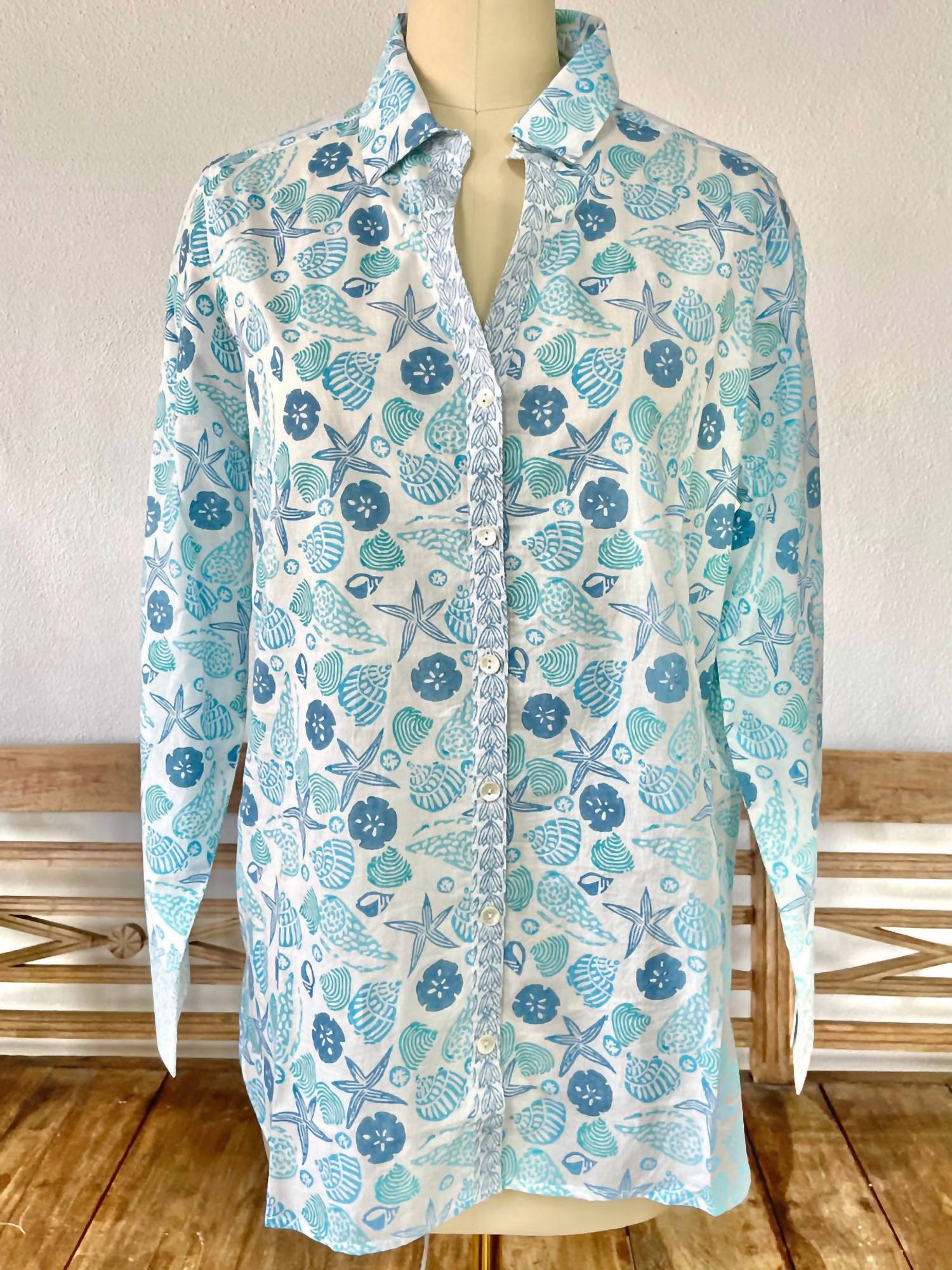 Sigrid Olsen - Shell Print Blouse - blue - button - down - shirts - clothing