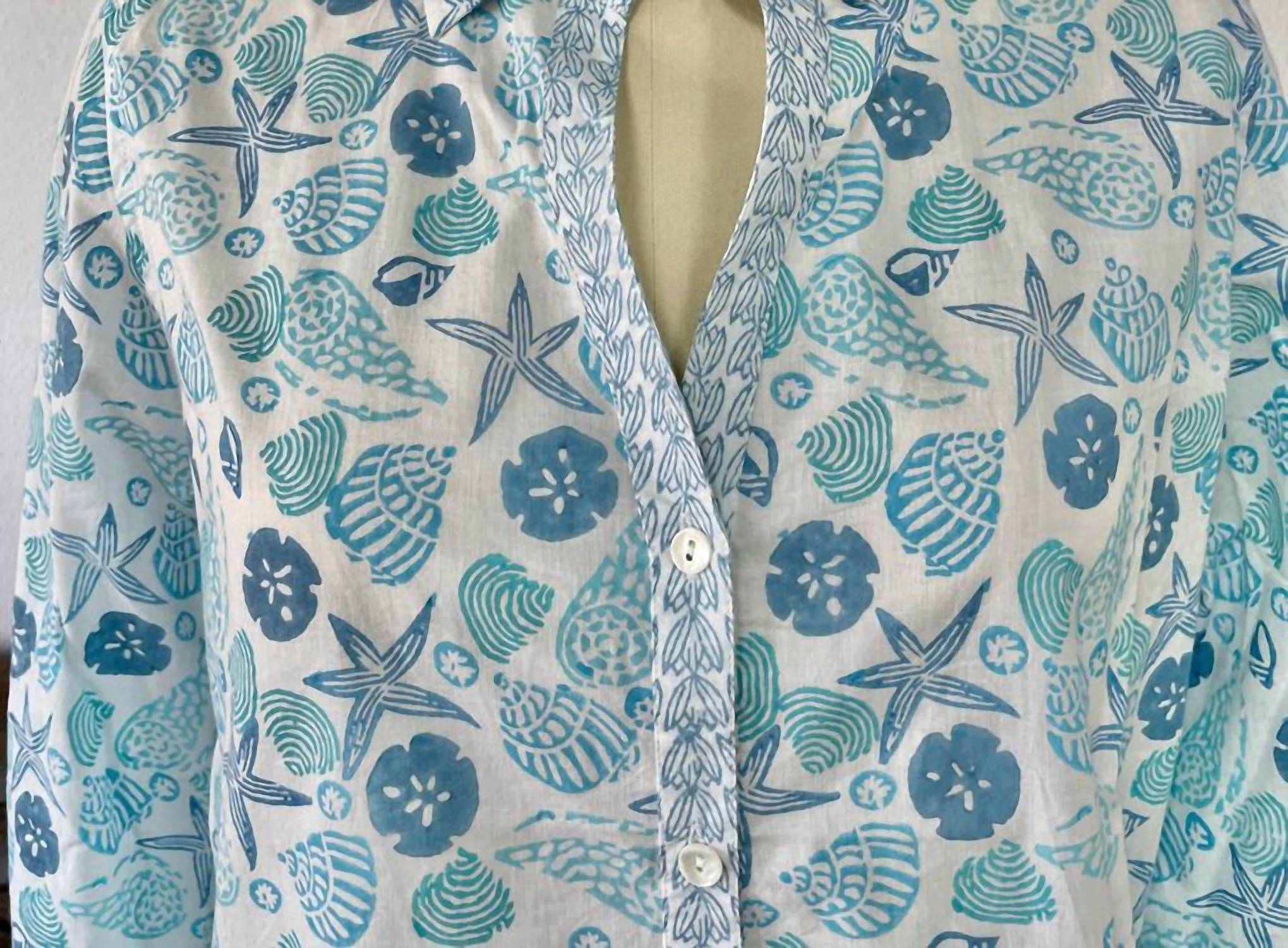 Sigrid Olsen - Shell Print Blouse - blue - button - down - shirts - clothing