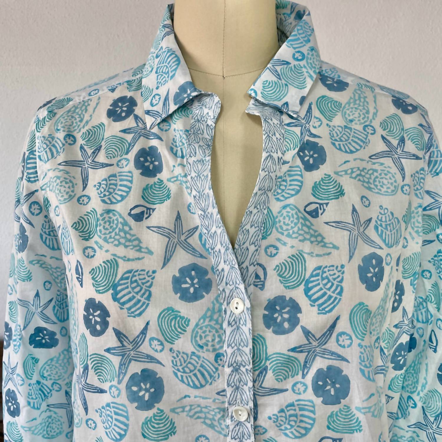 Sigrid Olsen - Shell Print Blouse - blue - button - down - shirts - clothing