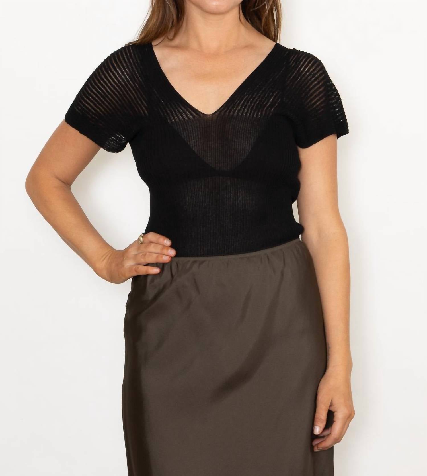 Sita Murt - Ribbed V - neck Top - black - clothing - cotton - blend