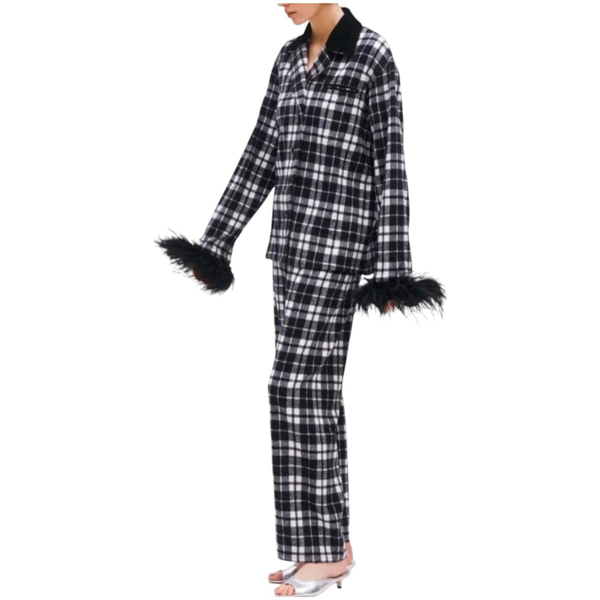 Sleeper - Feather Trim Plaid Flannel Pajama Set