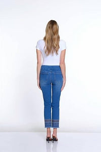 Slimsation By Multiples - Pull-on Solid Denim Ankle Jean With Embroidered Hem