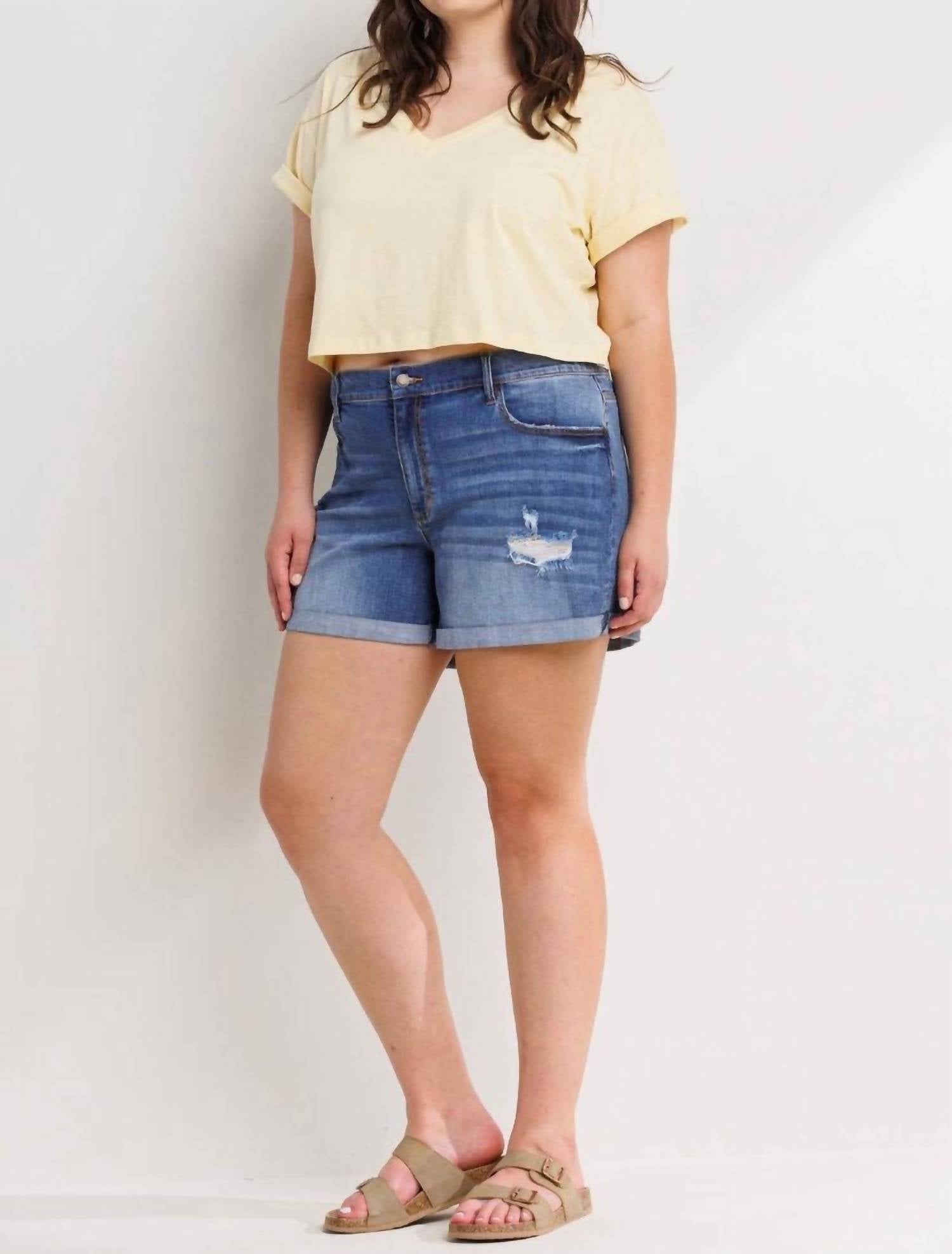 Sneak Peek - Mid Rise Tomboy Denim Shorts - blue - clothing - cotton - blend