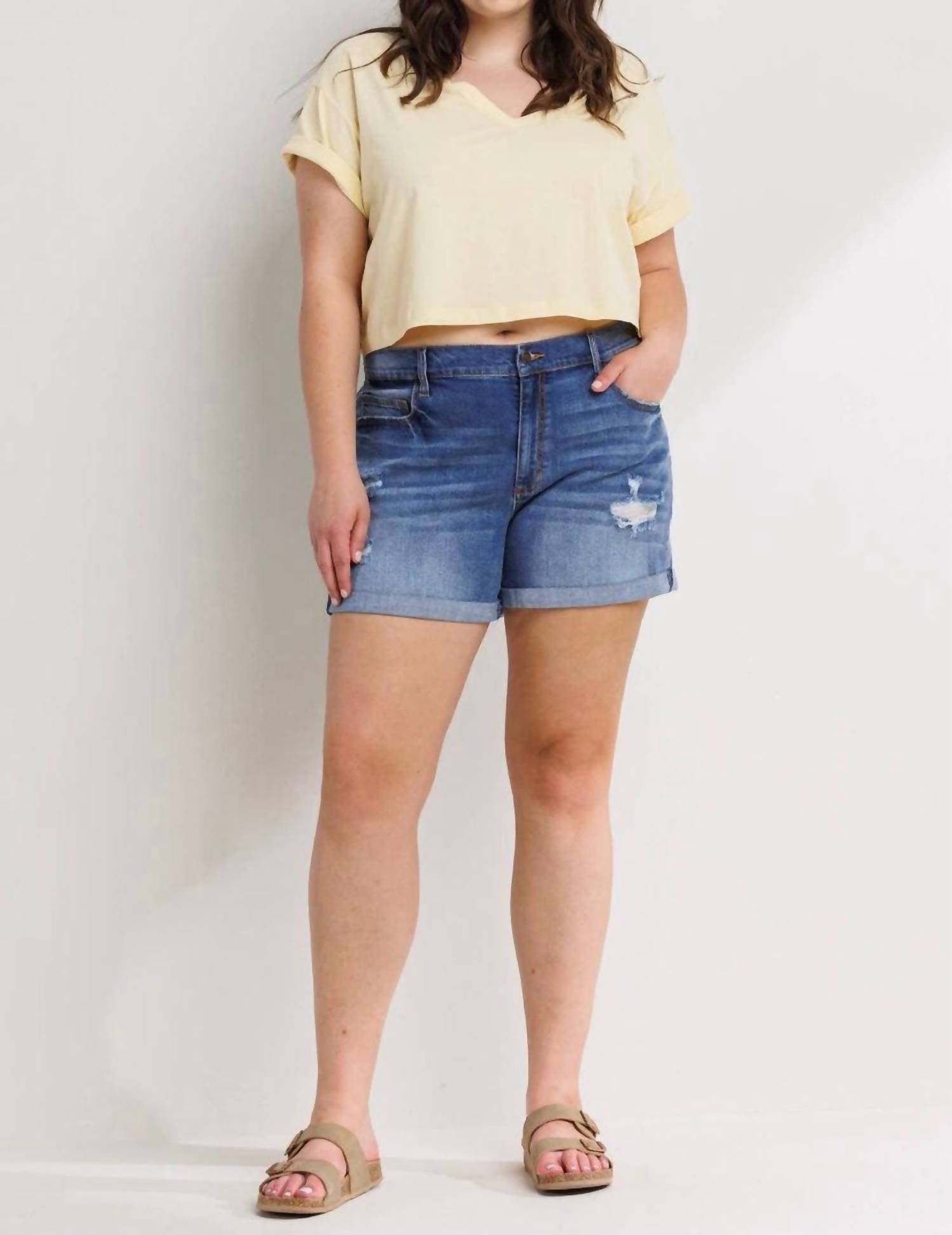 Sneak Peek - Mid Rise Tomboy Denim Shorts - blue - clothing - cotton - blend
