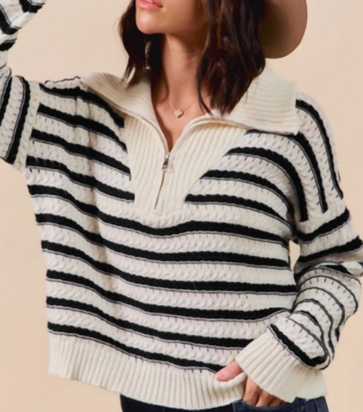 So Me - Cable Knit Stripe Zip Up Sweater