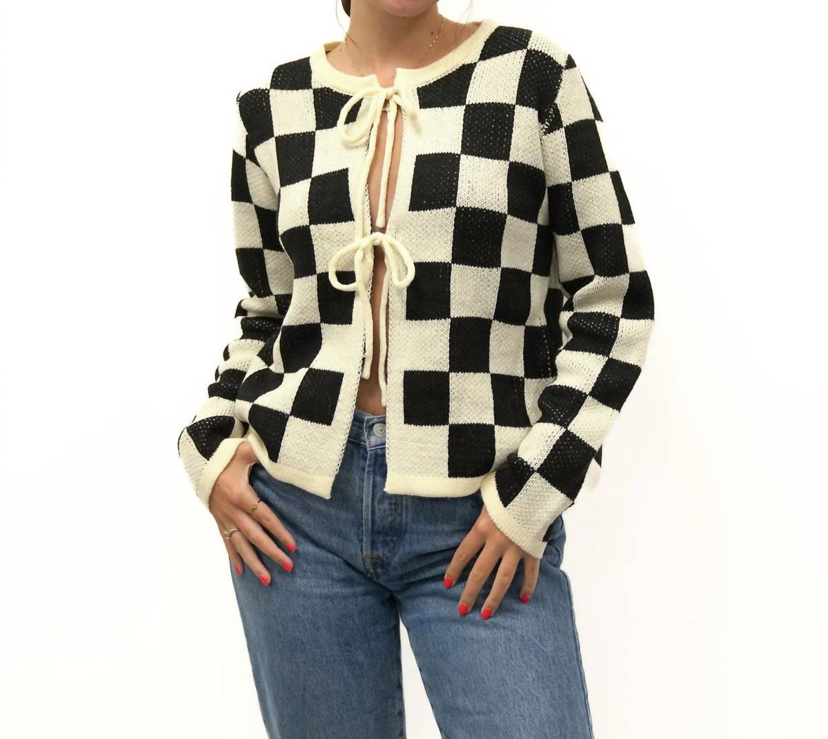 So Me - CLASSIC CHECKED TIE FRONT SWEATER