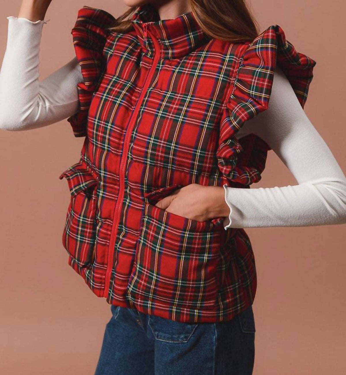 So Me - Ruffle Plaid Puffer Vest