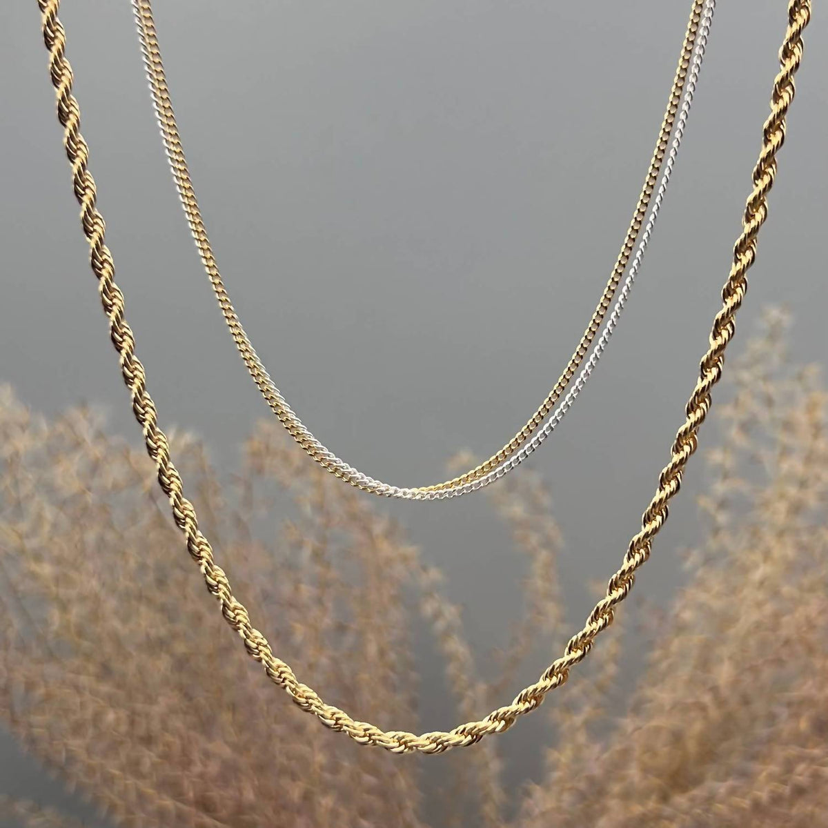 Something Silver - Women's Two Tone Tiny Curb Double Strand Necklace