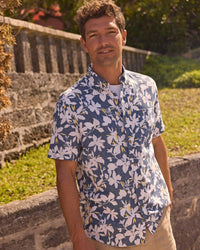 Southern Tide - Blossom Bay Linen Rayon Short Sleeve Sport Shirt - blue - clothing - floral