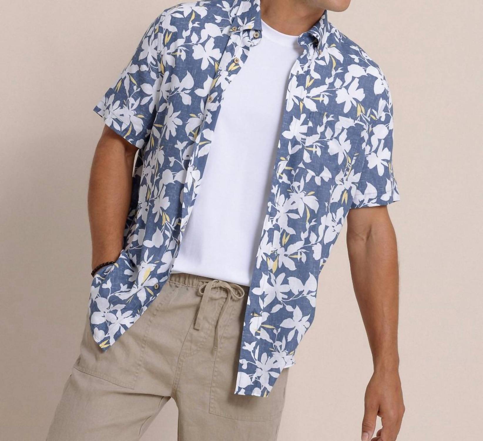 Southern Tide - Blossom Bay Linen Rayon Short Sleeve Sport Shirt - blue - clothing - floral
