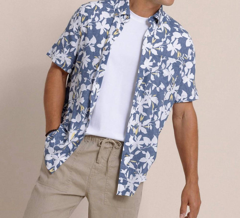 Southern Tide - Blossom Bay Linen Rayon Short Sleeve Sport Shirt - blue - clothing - floral