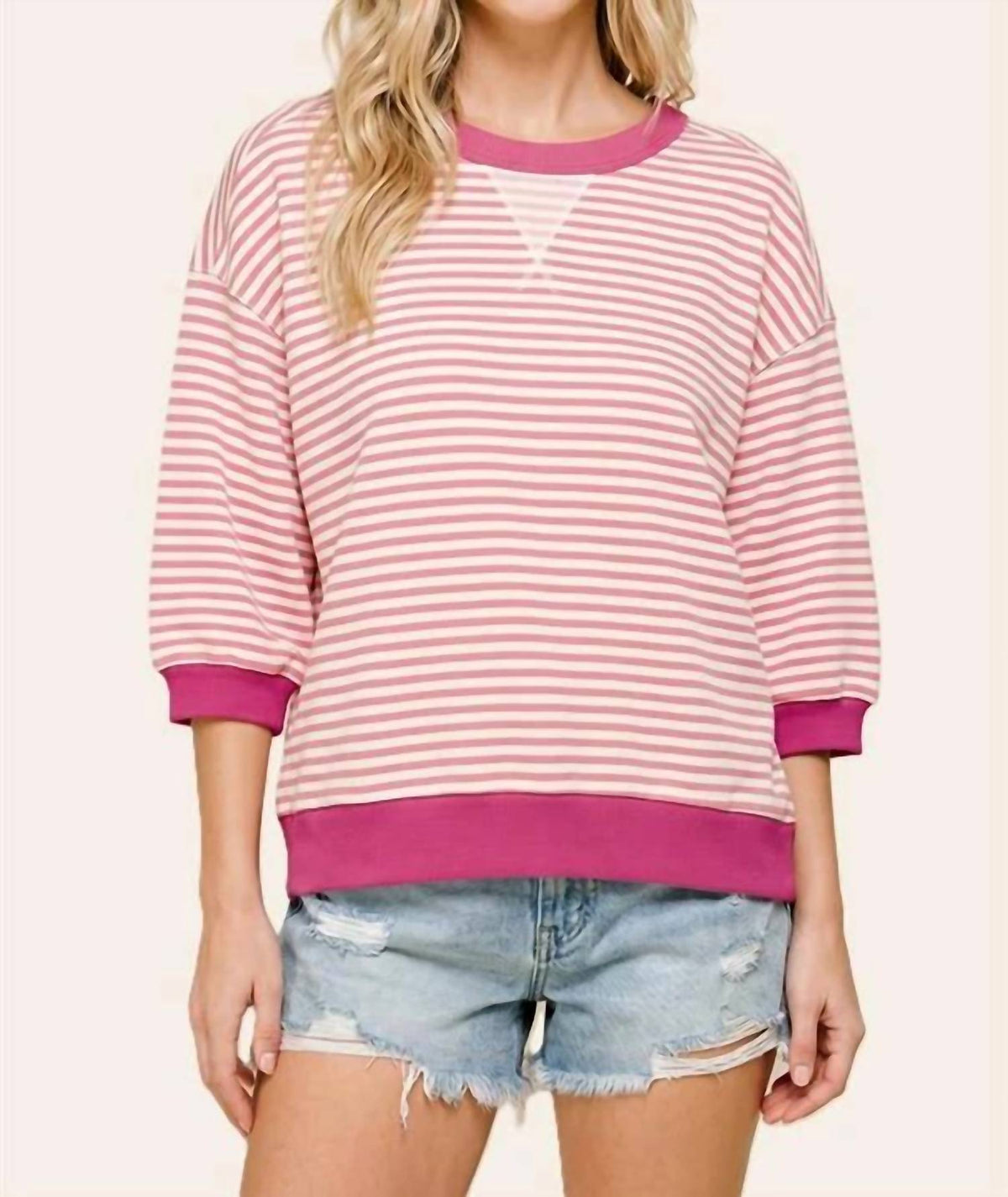 Staccato - Contrast Stripe 3/4 Sleeve Pullover Sweater