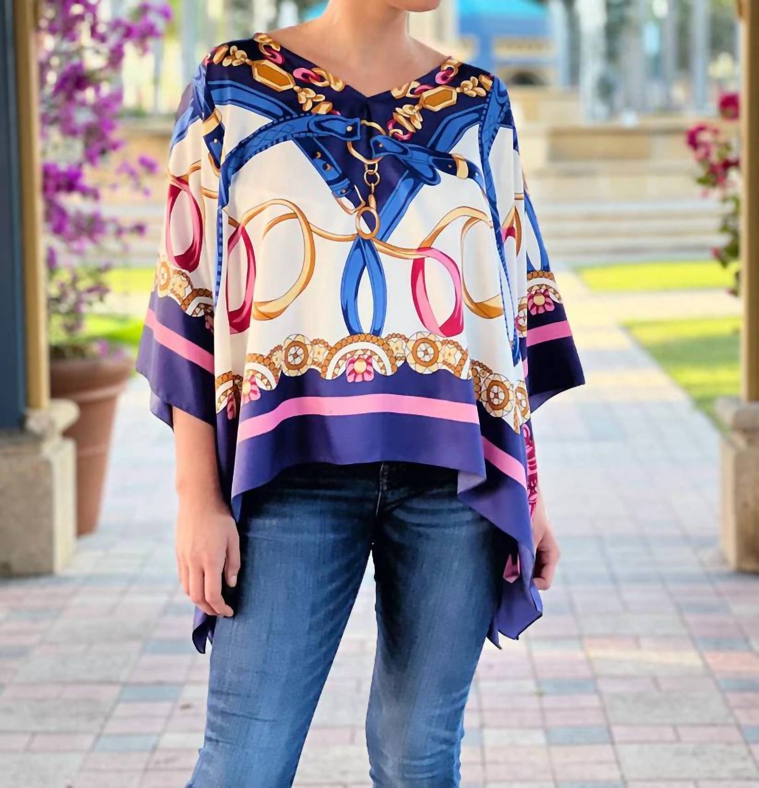 Stacy Bradley - V - neck Tunic Top - blue - clothing - patterned