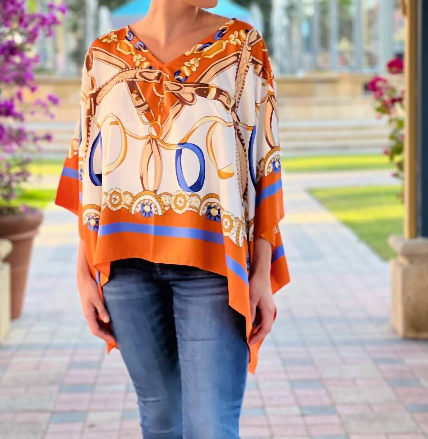 Stacy Bradley - V - neck Tunic Top - clothing - orange - patterned
