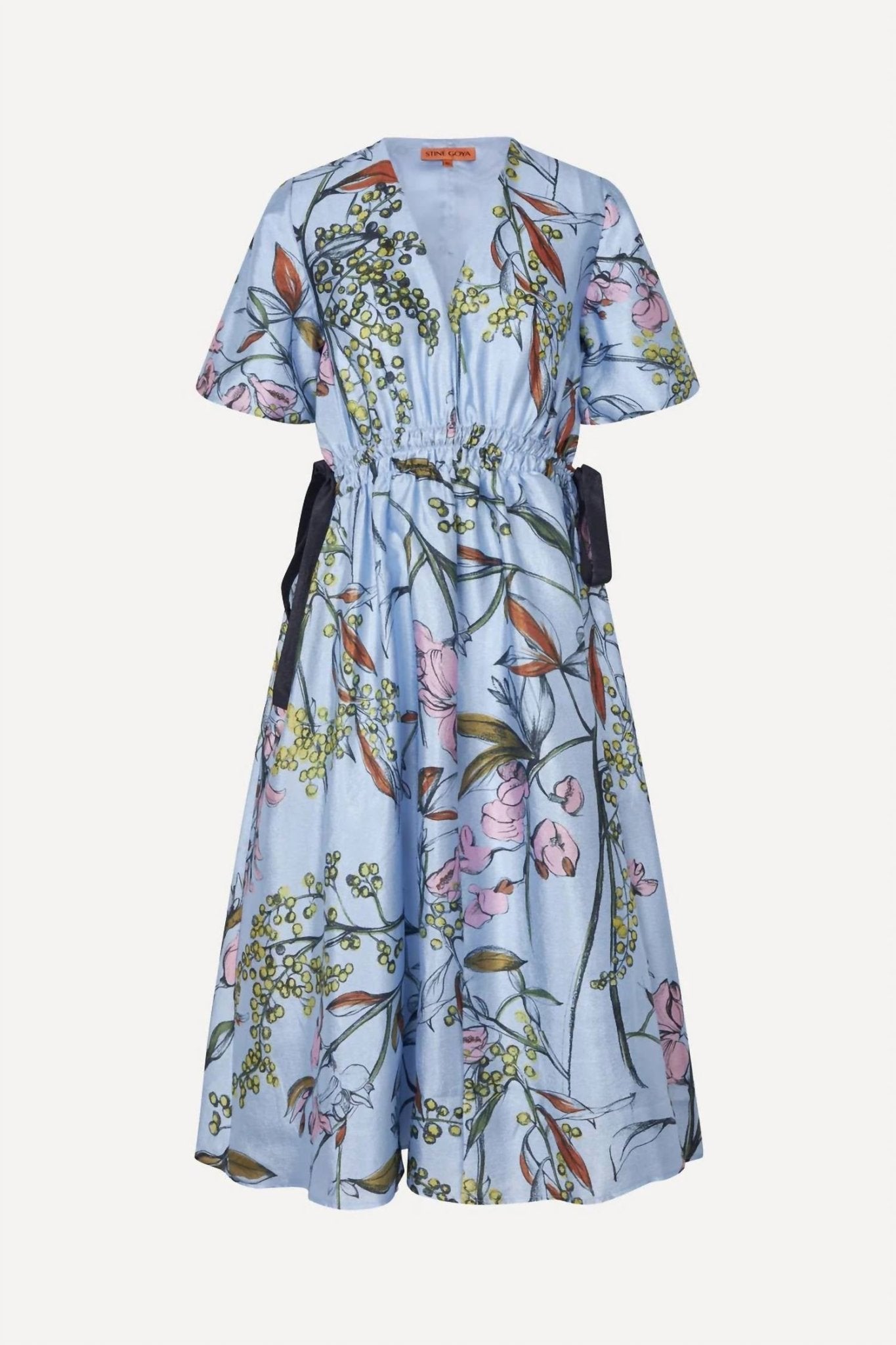 Stine Goya - V - neck Waist Tie Midi Dress - blue - clothing - dresses