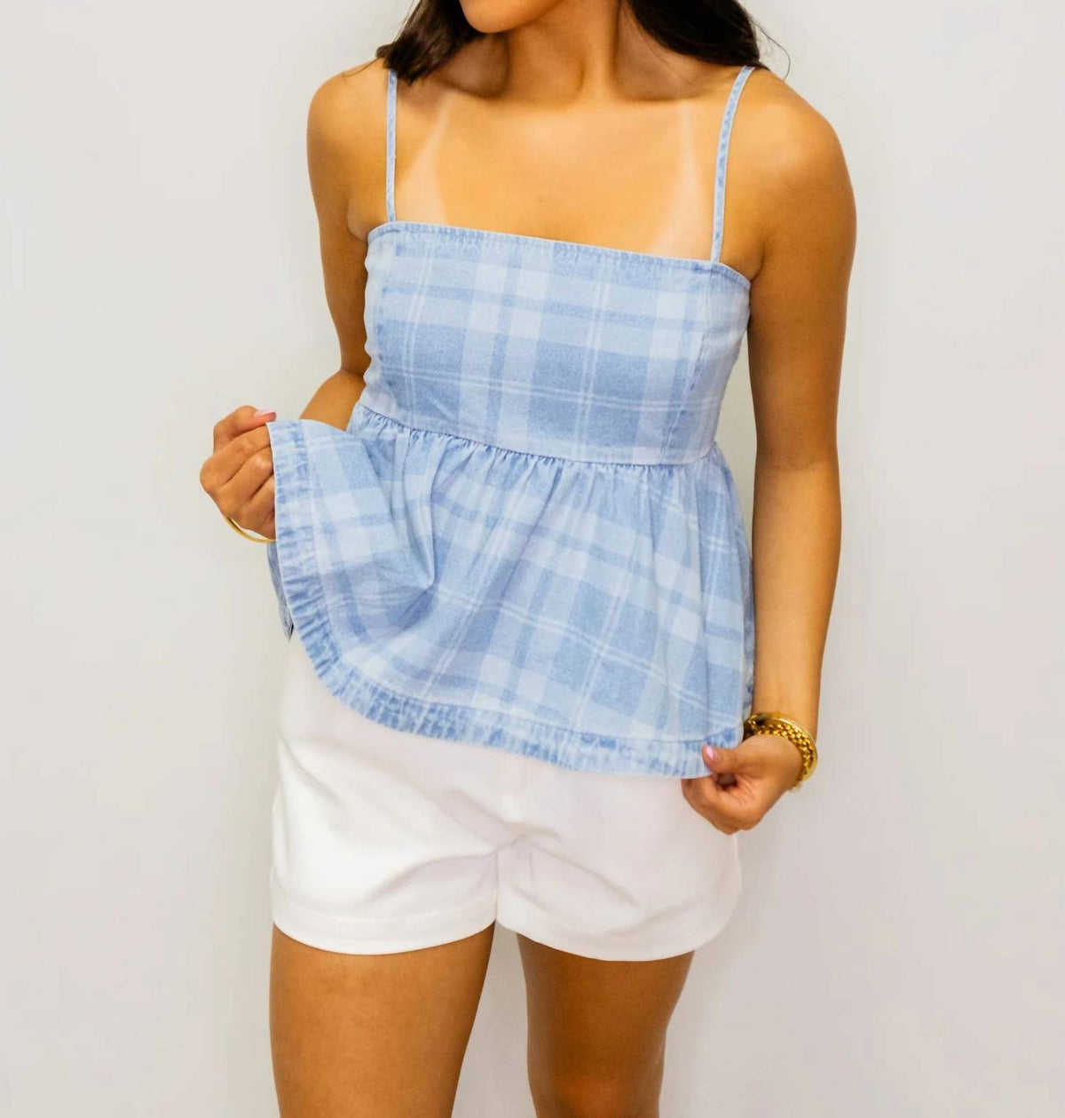 Stitch & Co. - Denim Gingham Peplum Top