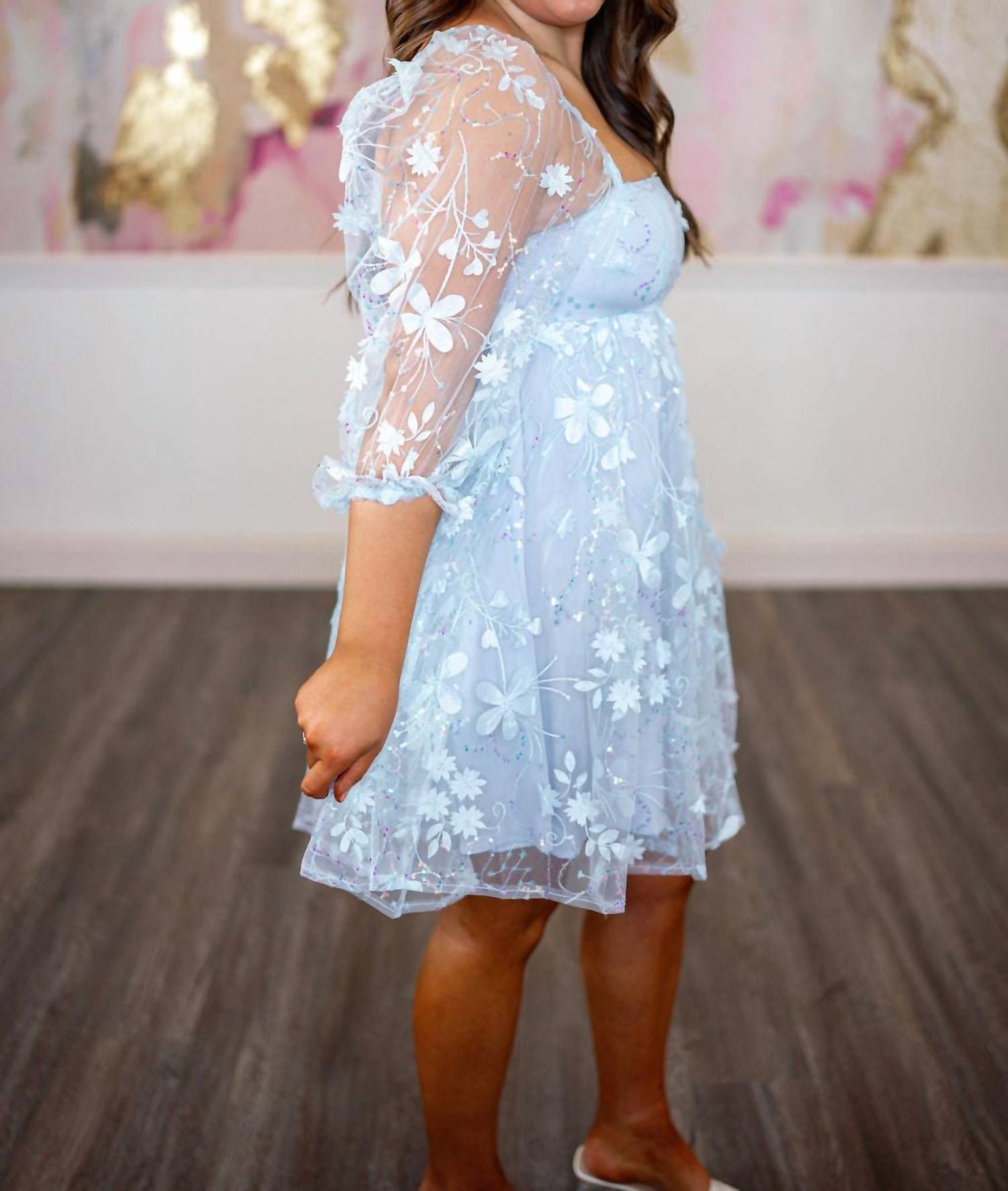 Storia - 3d Flower Appliques Sequin Baby Doll Dress - blue - clothing - dresses