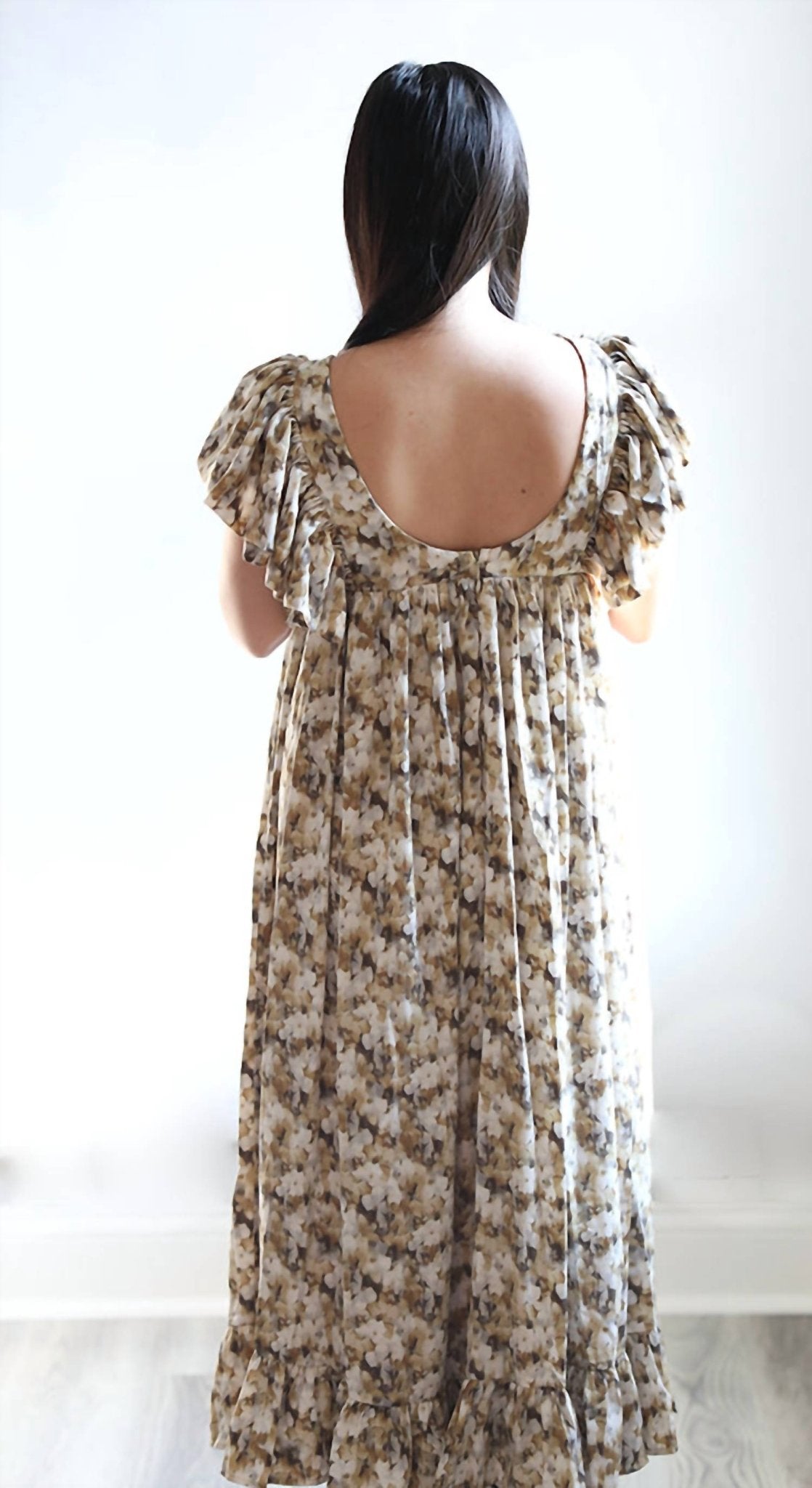 Storia - Floral Midi Baby Doll Dress - brown - clothing - dresses