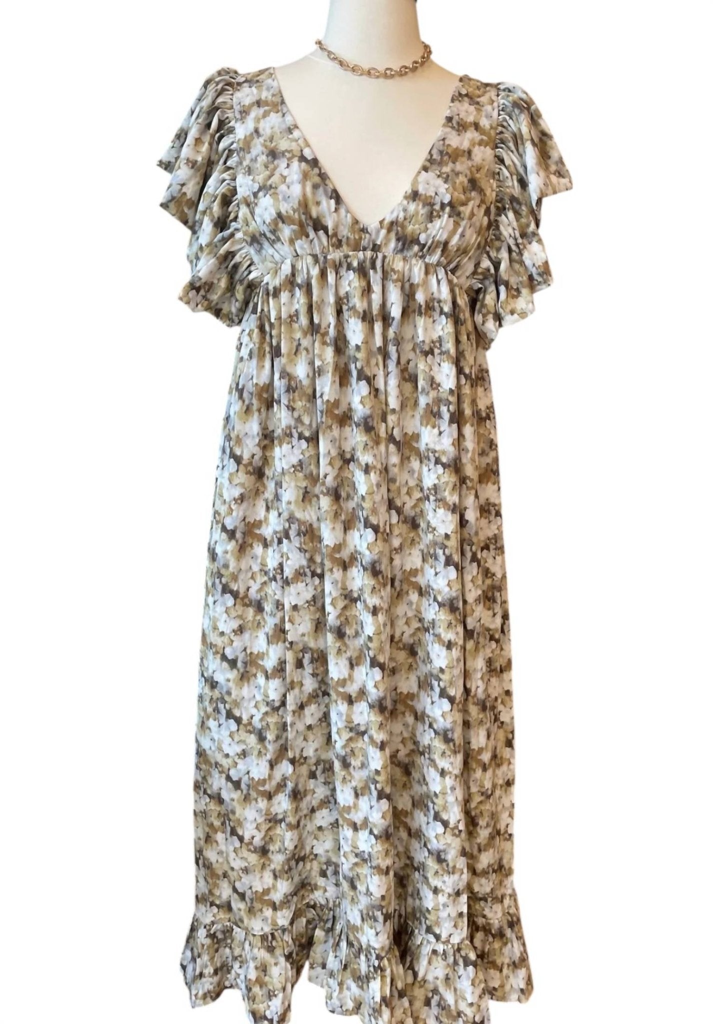 Storia - Floral Midi Baby Doll Dress - brown - clothing - dresses