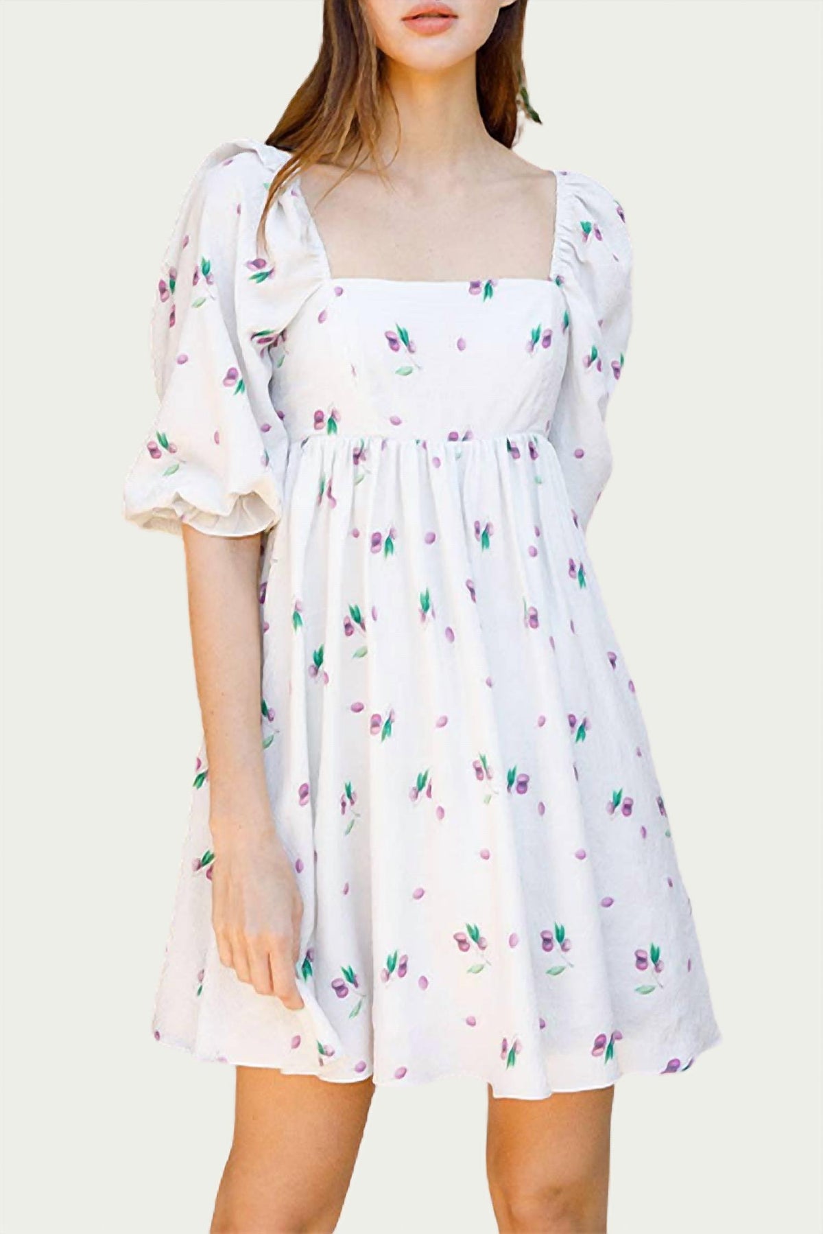 GRAPE-PRINT BABY DOLL MINI DRESS