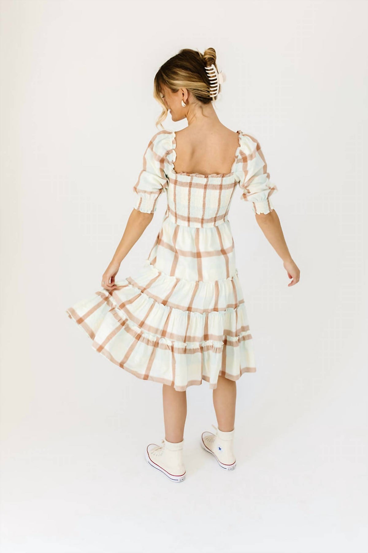 Storia - Plaid Smocked Midi Dress