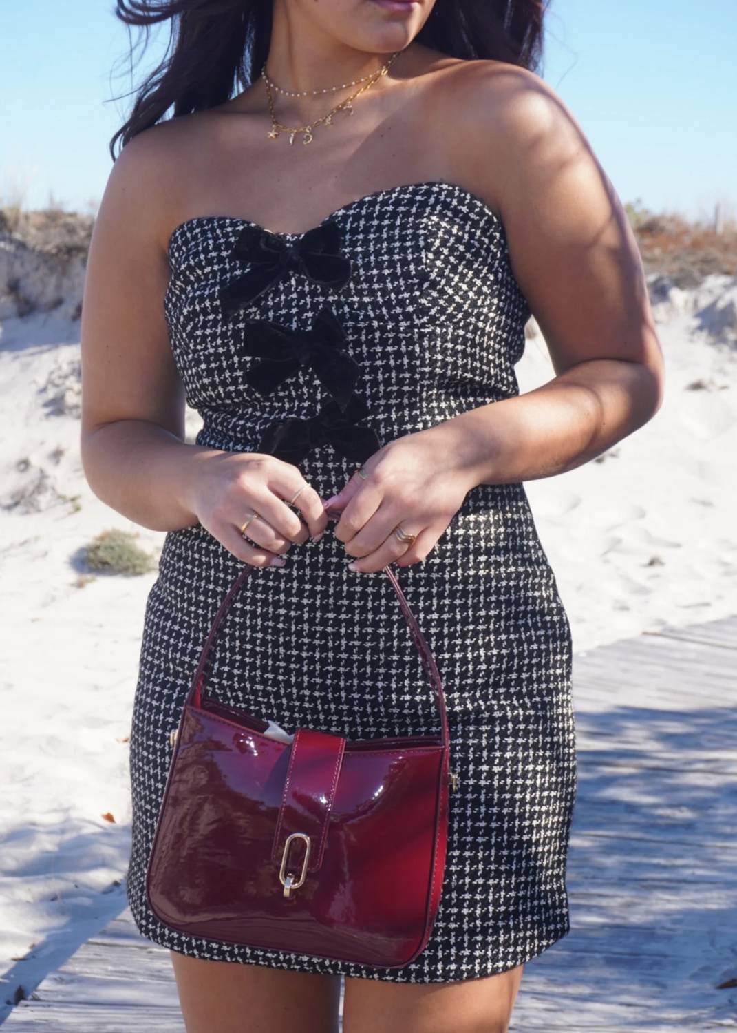 Storia - strapless houndstooth bow dress