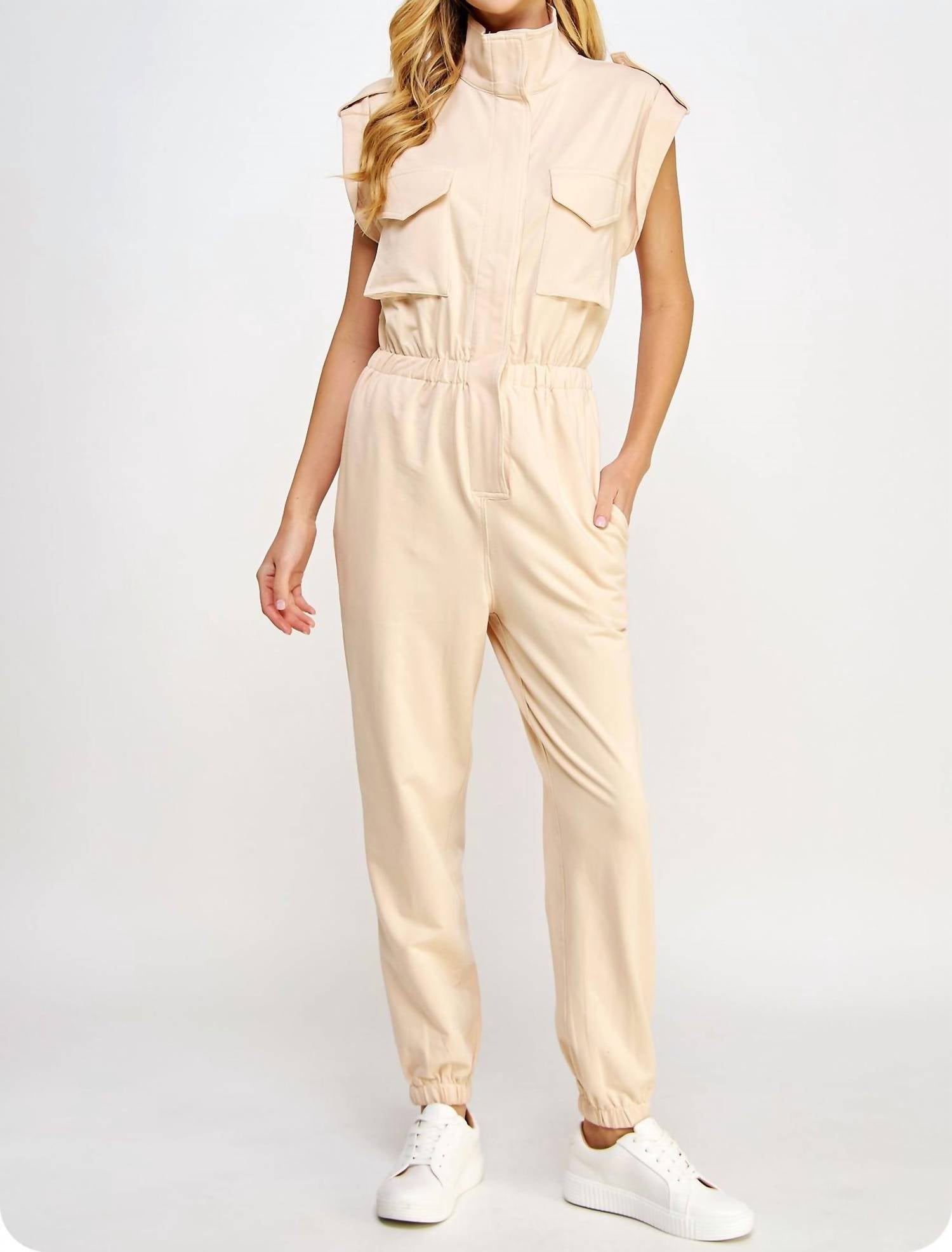 Strut & Bolt - Mock Neck Sleeveless Jogger Jumpsuit - beige - clothing - joggers