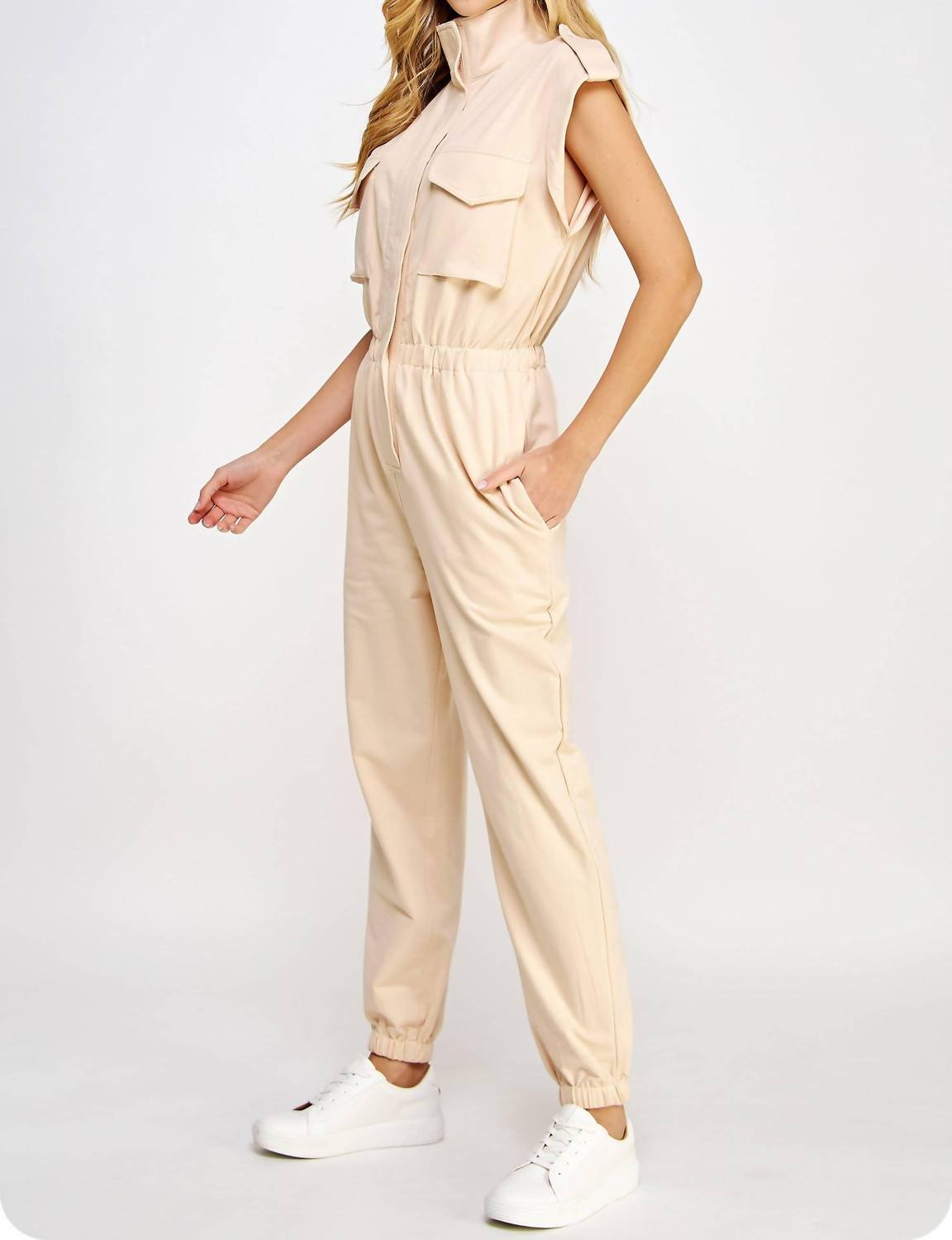 Strut & Bolt - Mock Neck Sleeveless Jogger Jumpsuit - beige - clothing - joggers