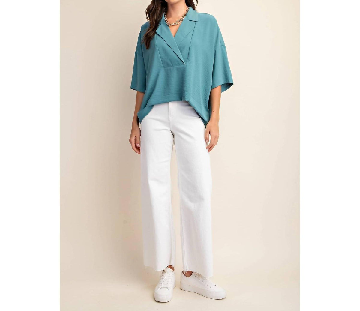 Style Usa - V-neck Collared Pop Over Top
