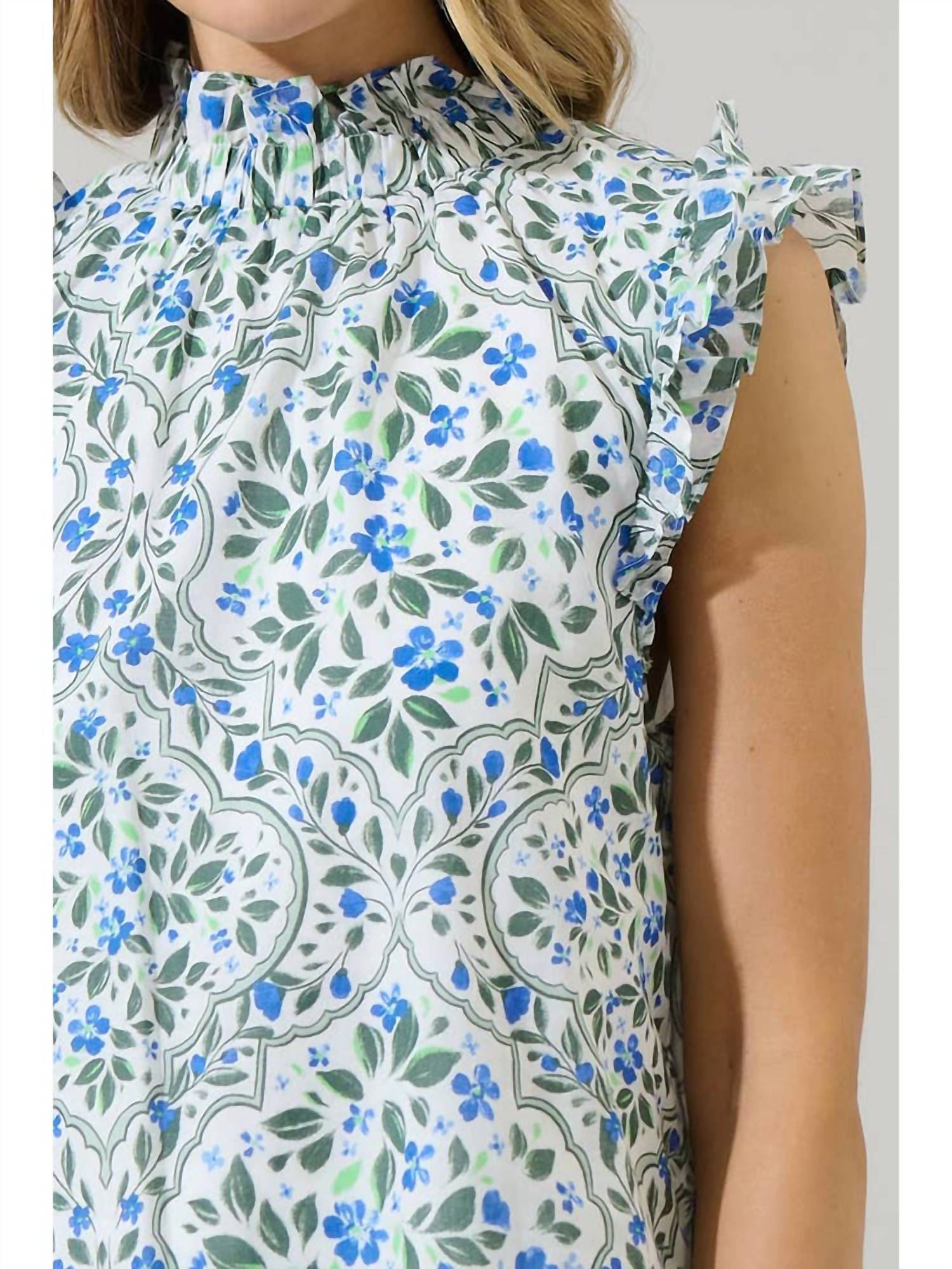 Sugarlips - Hilo Floral Zoie Ruffle Top - blouses - blue - clothing