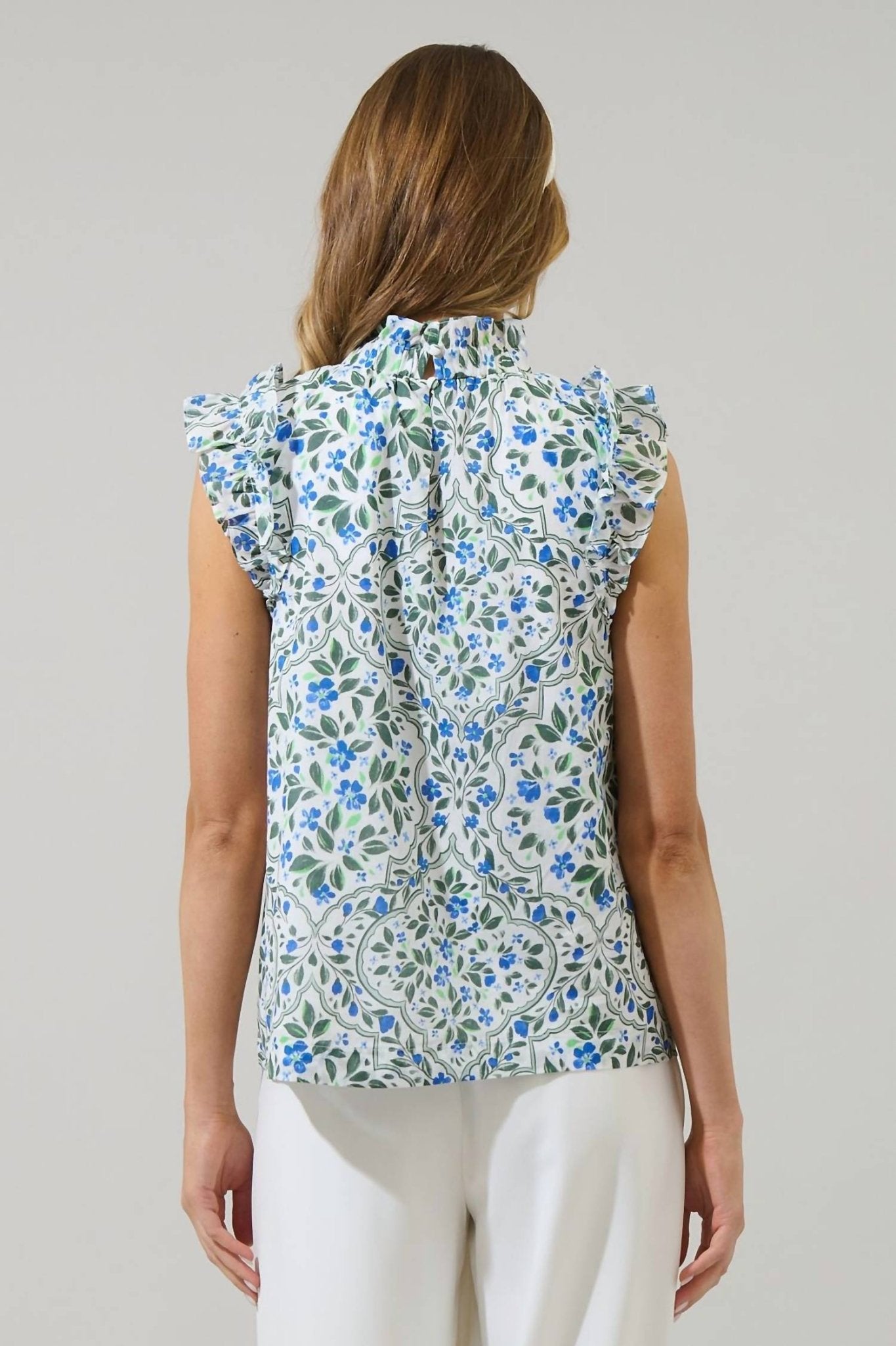 Sugarlips - Hilo Floral Zoie Ruffle Top - blouses - blue - clothing