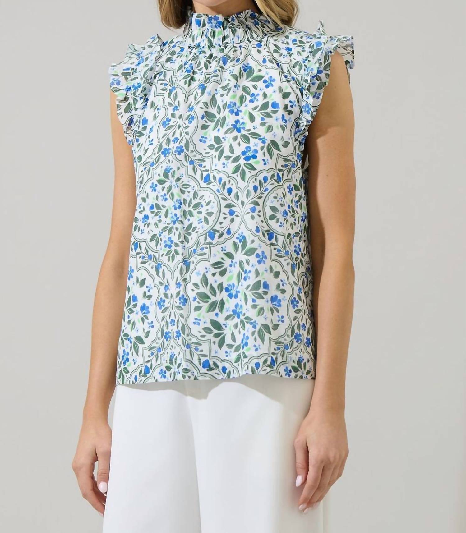 Sugarlips - Hilo Floral Zoie Ruffle Top - blouses - blue - clothing