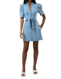 Sugarlips - Jamie Denim Puff Sleeve Belted Mini Dress - blue - clothing - cotton - blend