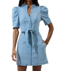 Sugarlips - Jamie Denim Puff Sleeve Belted Mini Dress - blue - clothing - cotton - blend