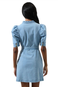 Sugarlips - Jamie Denim Puff Sleeve Belted Mini Dress - blue - clothing - cotton - blend