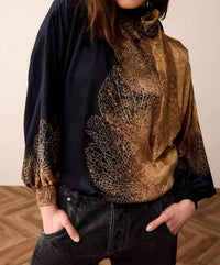 Summum - Bow Tie Top Border Print - blouses - brown - clothing