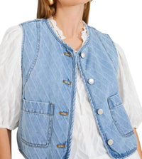 Suncoo - Dakota Short Jacquard Denim Jacket Vest - blue - clothing - jackets