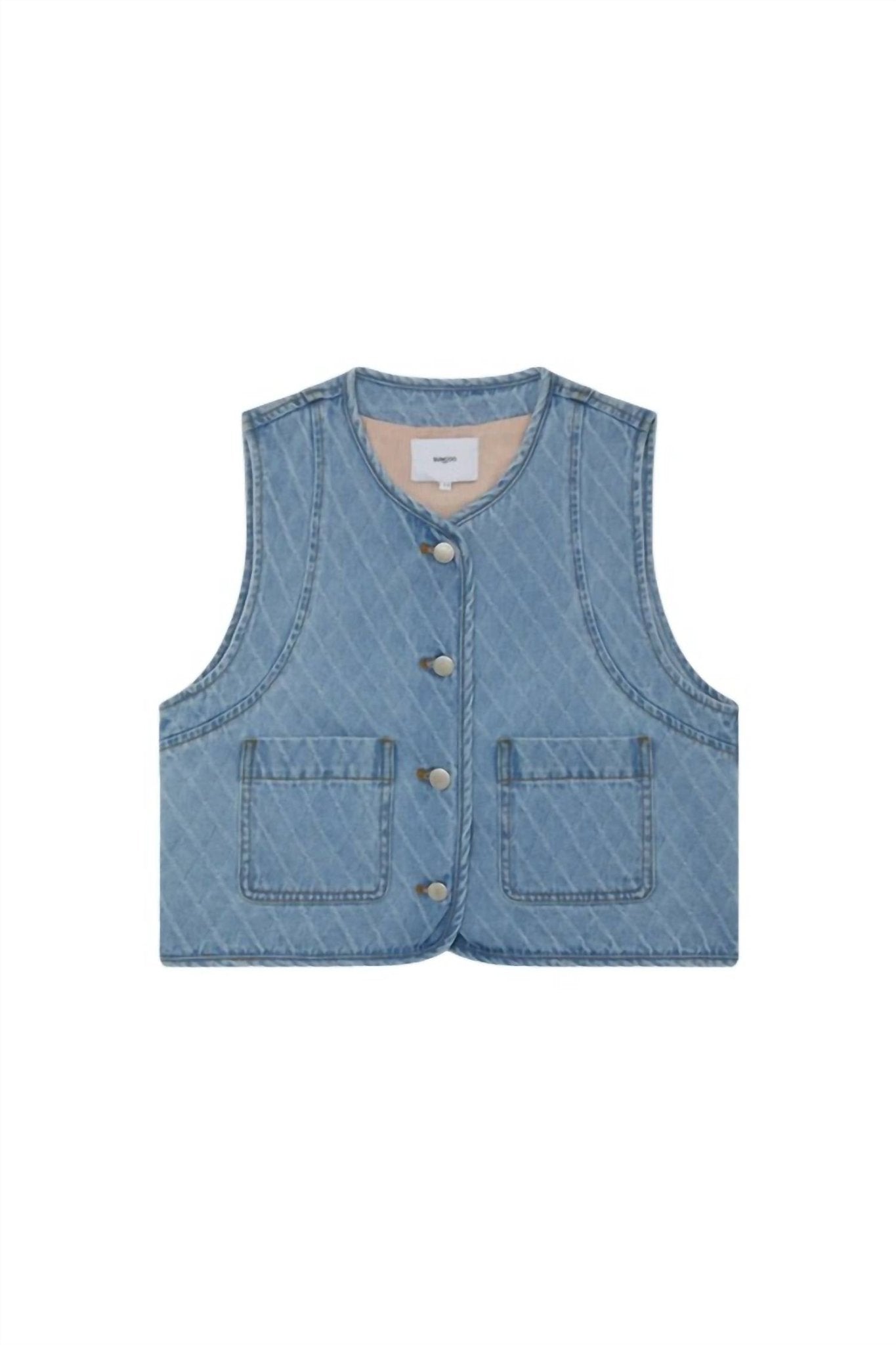 Suncoo - Dakota Short Jacquard Denim Jacket Vest - blue - clothing - jackets