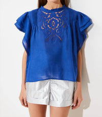 Suncoo - Love Embroidered Linen Voile Blouse With Ruffles - blouses - blue - clothing