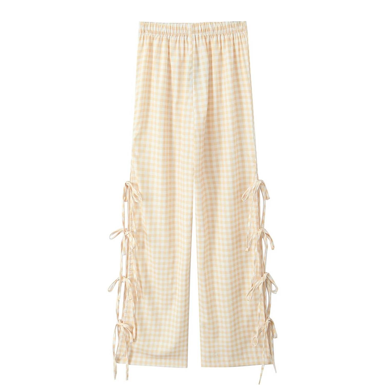 Sundayup - Women's Gingham Side Bow Pants - beige - clothing - gingham
