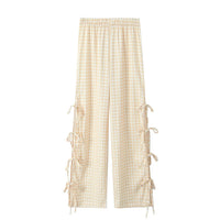 Sundayup - Women's Gingham Side Bow Pants - beige - clothing - gingham