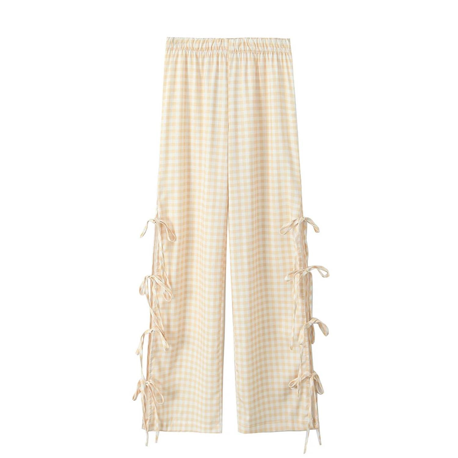 Sundayup - Women's Gingham Side Bow Pants - beige - clothing - gingham