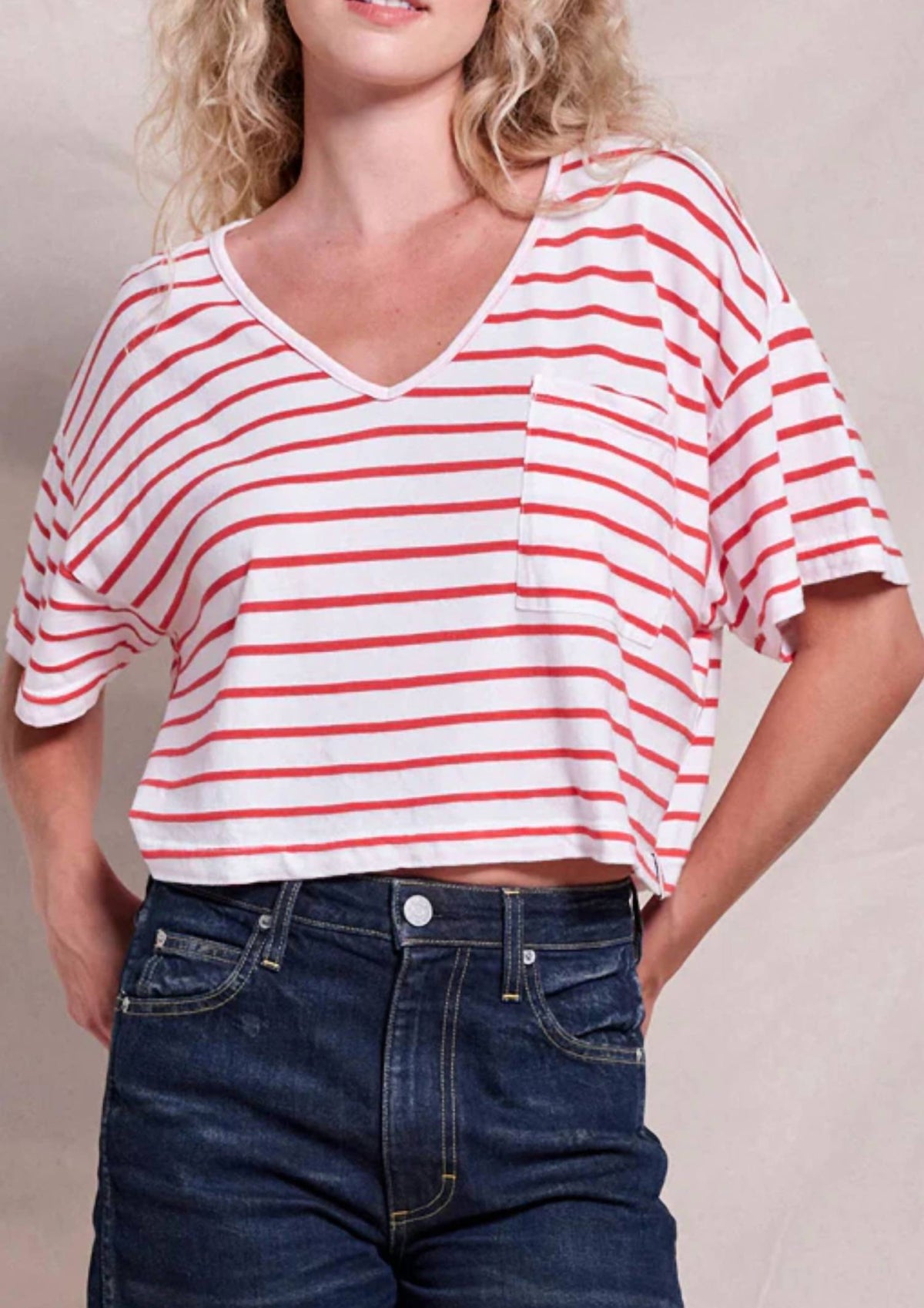 Sundry - Crop V-neck Stripe Tee