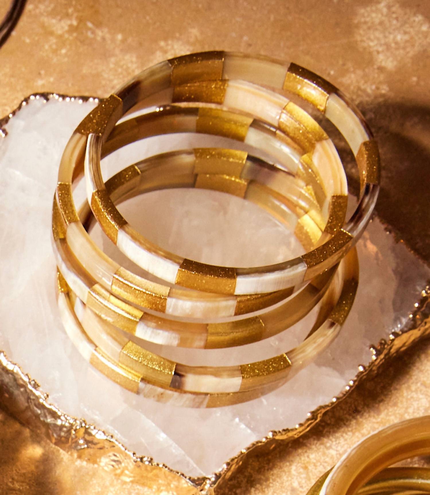 Sunshine Tienda - Women's Tiled Gold And Horn Bangles, Set Of 5 - bracelets - gold - goldtone
