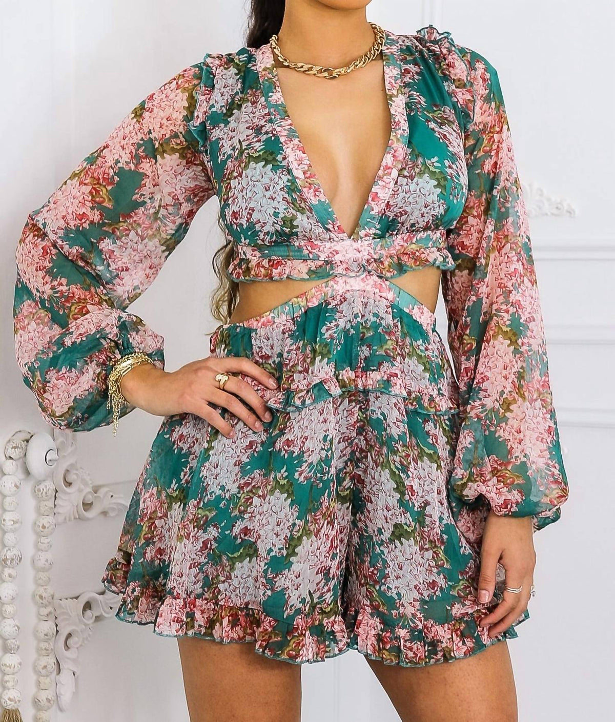 Surelymine - Boho Bloom Long Sleeve Cutout Ruffle Romper