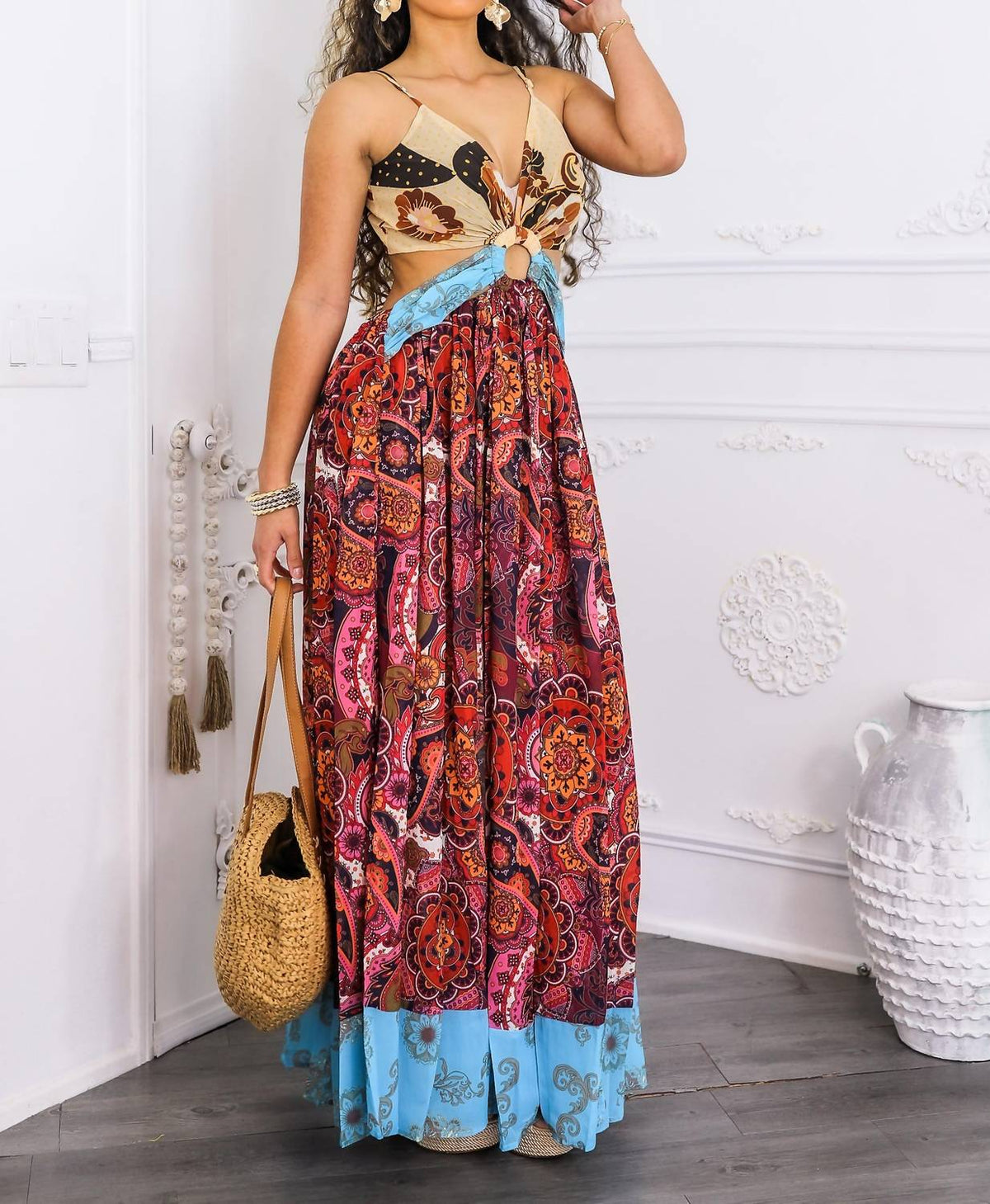 Surelymine - Boho Patchwork Cutout Maxi Dress with Side Slit
