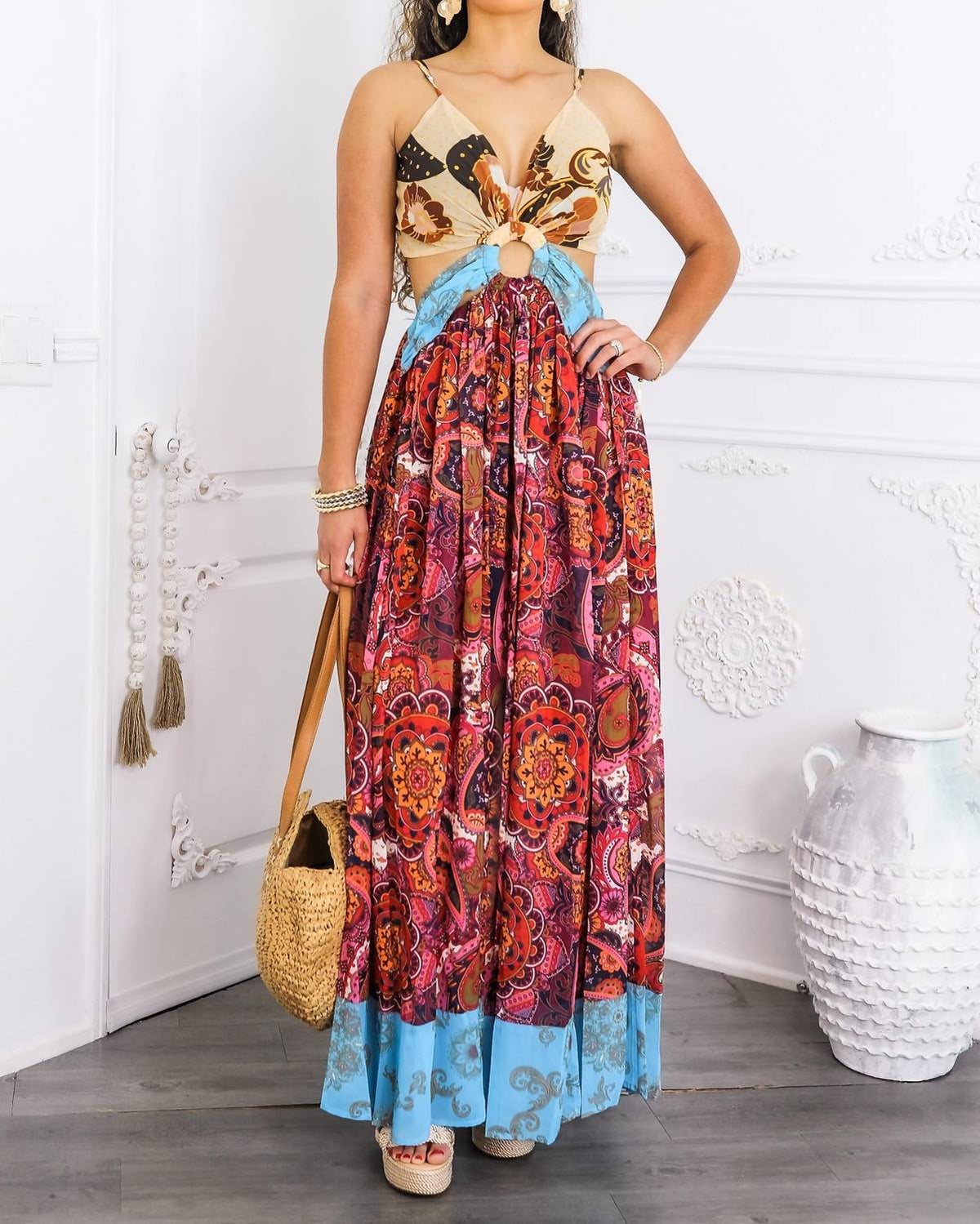 Surelymine - Boho Patchwork Cutout Maxi Dress with Side Slit