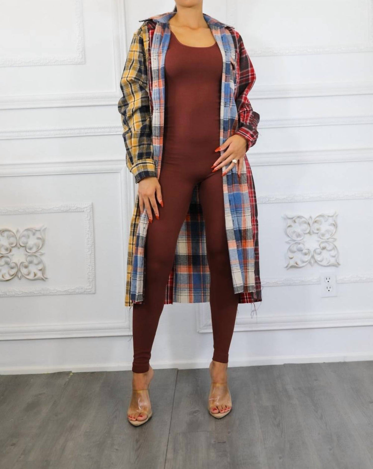 Surelymine - Distressed Long Plaid Patches Shacket