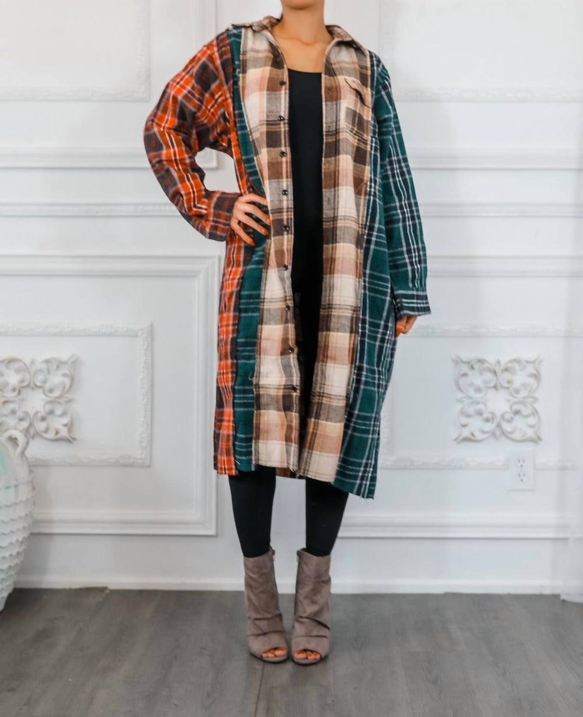 Surelymine - Distressed Long Plaid Patches Shacket